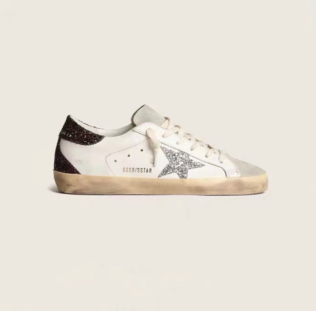 Golden Goose Super-Star Sneakers – White Leather, Black Glitter Heel