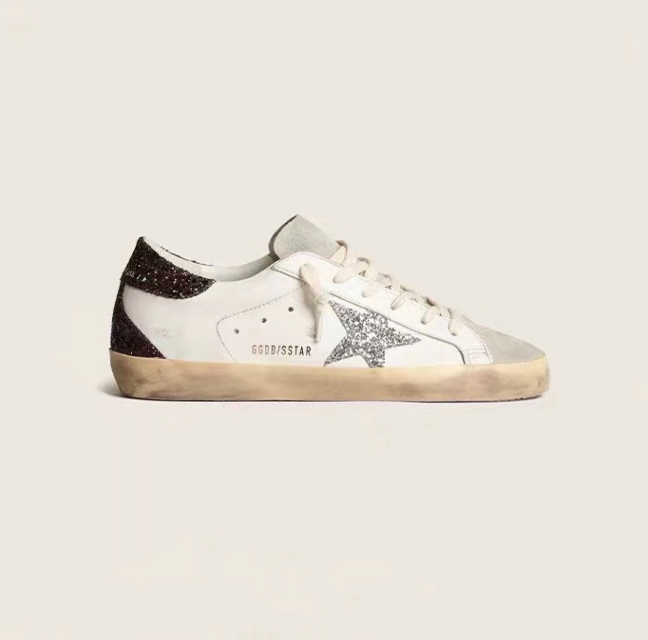 Golden Goose Super-Star Sneakers – White Leather, Black Glitter Heel
