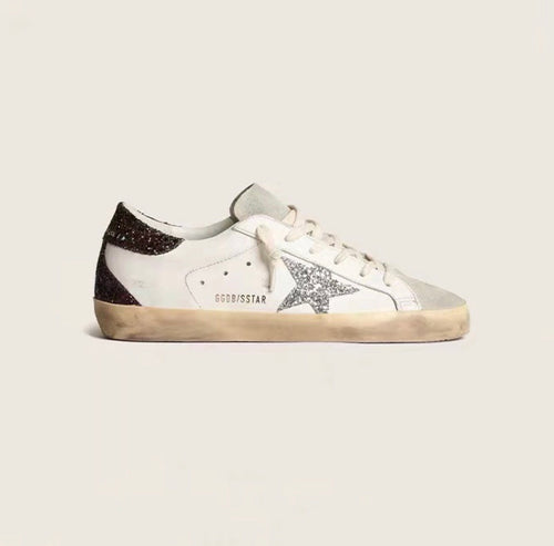 Golden Goose Super-Star Sneakers – White Leather, Black Glitter Heel