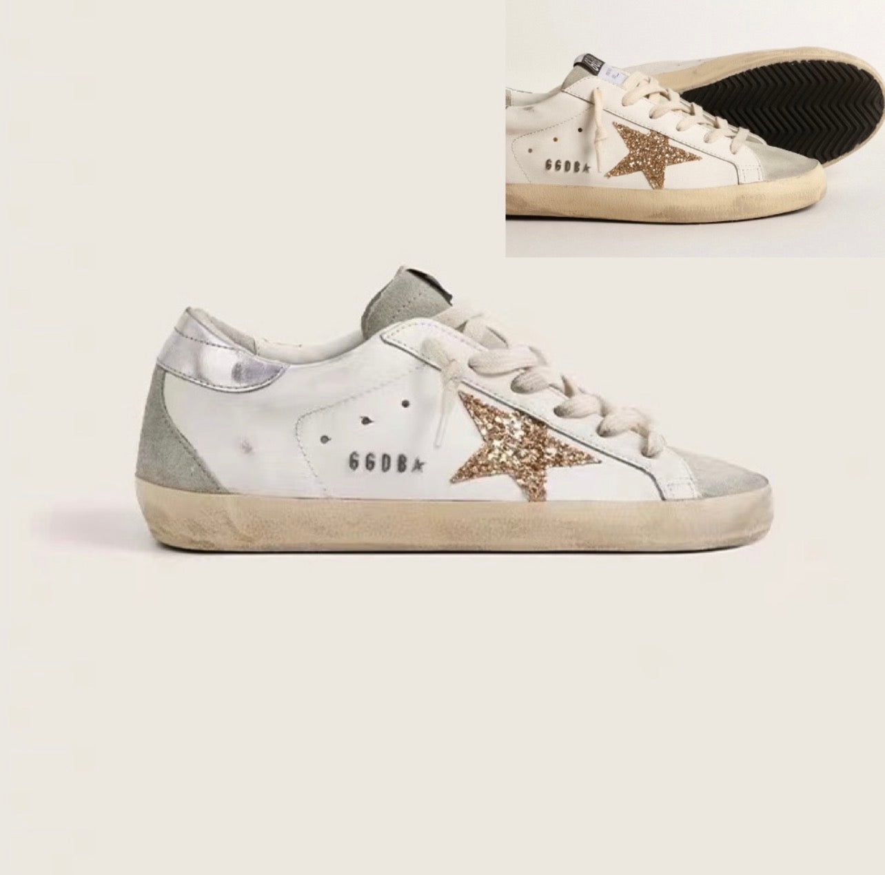 Golden Goose Super-Star Sneakers – White Leather, Grey Suede Heel