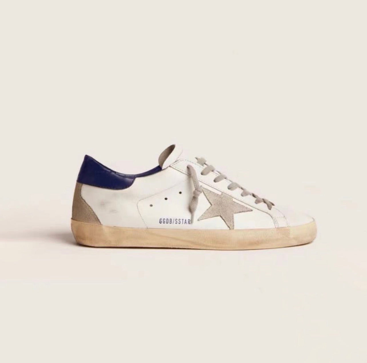 Golden Goose Super-Star Sneakers – White Leather, Navy Heel