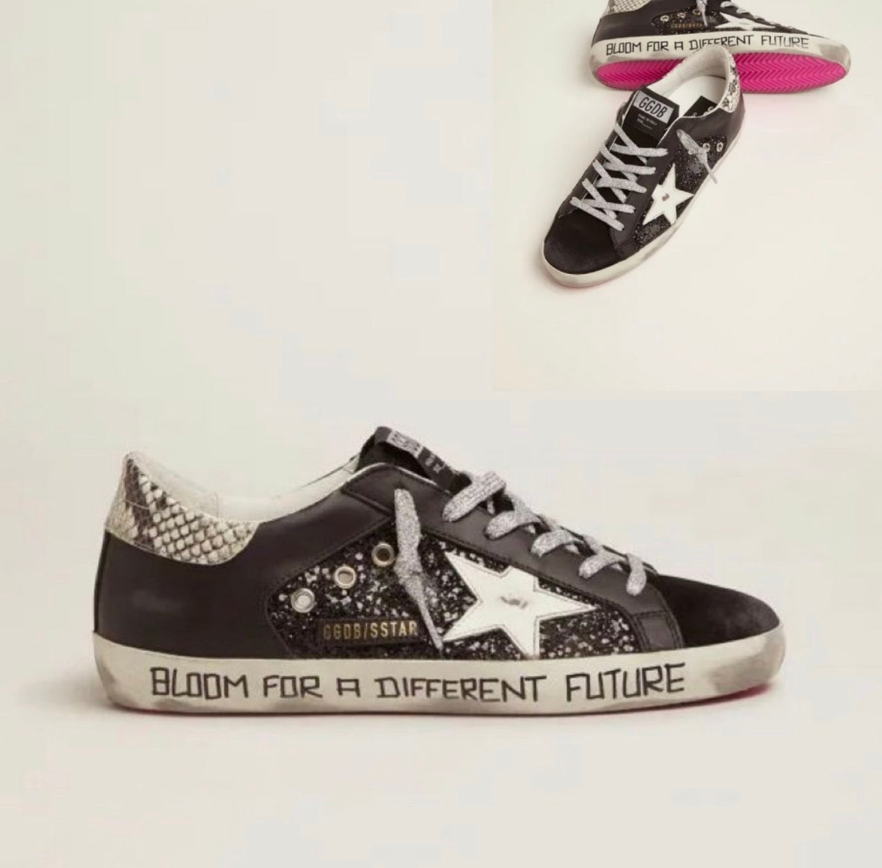 Golden Goose Super-Star Sneakers – Black Leather, Snake Print & Pink Sole