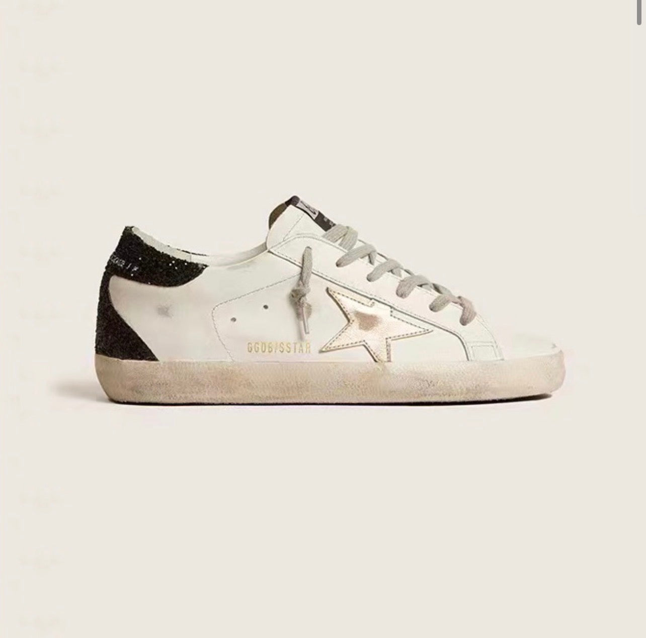 Golden Goose Super-Star Sneakers – White Leather, Black Heel & Gold Star