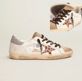Golden Goose Super-Star Sneakers – White Leather, Leopard Star & Silver Heel