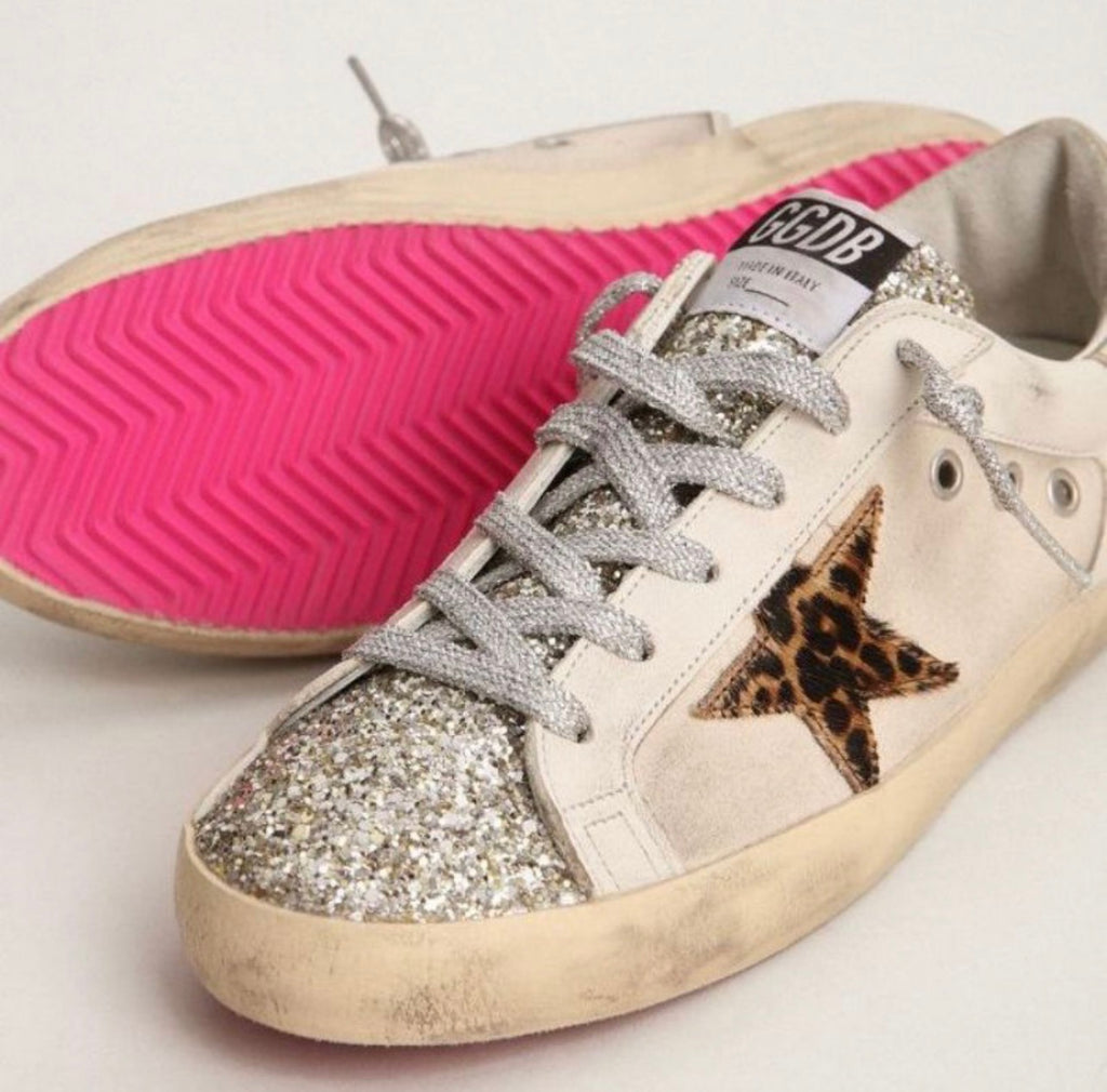 Golden Goose Super-Star Sneakers – White Leather, Leopard Star & Pink Sol