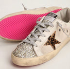 Golden Goose Super-Star Sneakers – White Leather, Leopard Star & Pink Sol