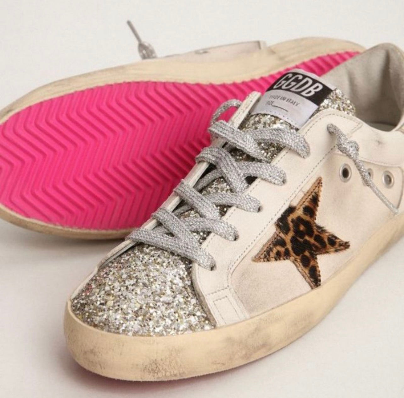 Golden Goose Super-Star Sneakers – White Leather, Leopard Star & Pink Sol