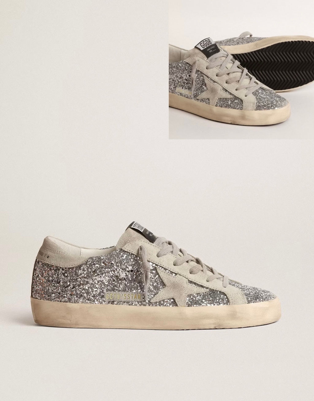 Title  Golden Goose Super-Star Sneakers – Silver Glitter, White Star & Heel
